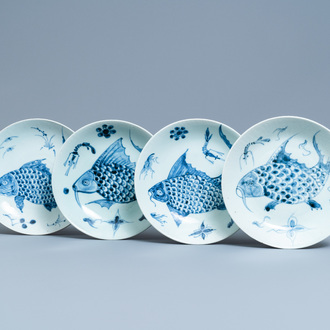 Four Chinese blue and white 'carps and shrimps' dishes, Dehua, 18/19th C.