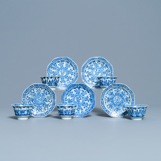 Five Chinese blue and white cups and saucers, Kangxi mark, 19th C.