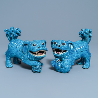 Une paire de modèles de lions bouddhistes en porcelaine de Chine 'robin's egg', 19ème