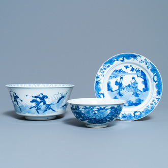 Two Chinese blue and white bowls and a plate, 19th C. and Kangxi