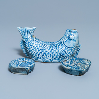 Three Korean blue-glazed fish-shaped water droppers, Joseon, 19th C.