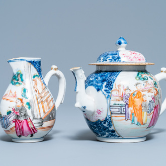 A Chinese famille rose 'Mandarin' teapot and milk jug, Qianlong