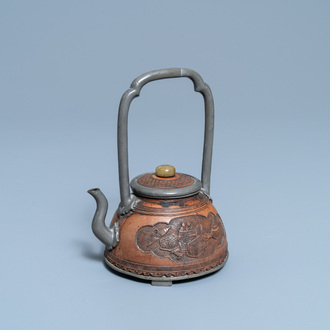 A rare Chinese jade-topped pewter-mounted coconut wine ewer, Kangxi