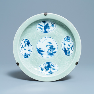 A Chinese blue and white celadon-ground dish, Qianlong