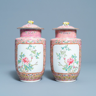 A pair of Chinese famille rose vases and covers, Hongxian mark, Republic