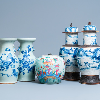 Five Chinese blue and white and famille rose vases, 19th C.