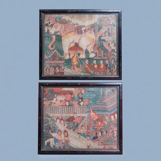 Thaise school, inkt en kleur op doek: 'Twee votieve scènes', 19e eeuw