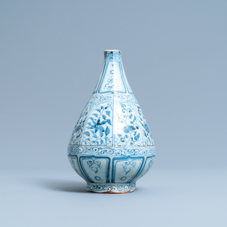 A Chinese blue and white octagonal bottle vase with floral design, Hongwu