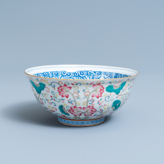 A Chinese famille rose bowl with floral design, Yongzheng mark, 19/20th C.