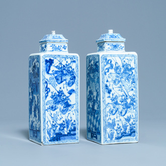 A pair of Chinese blue and white square vases and covers, Kangxi