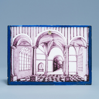 A rectangular manganese Dutch Delft 'church interior' plaque, late 18th C.