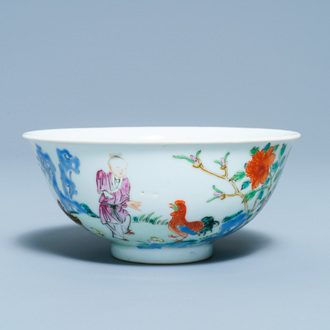 A Chinese famille rose 'boy and rooster' bowl, Qianlong mark, 19th C.