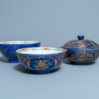 Three Chinese powder blue and gilt bowls, 19th C.