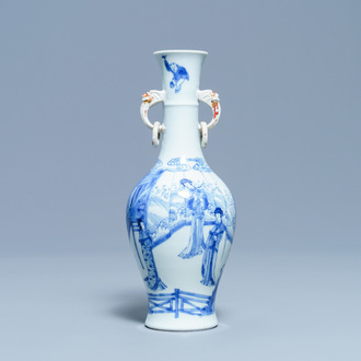 A Chinese blue and white vase with elephant handles, Kangxi mark and of the period