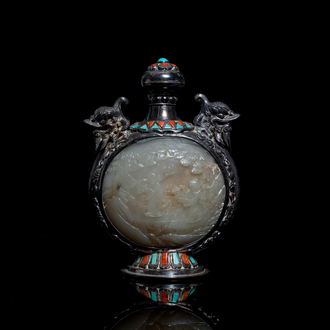 A Chinese jade-, coral- and turquoise-inlaid silver snuff bottle, 19th C.