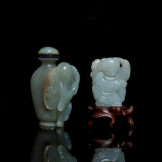 A Chinese jade snuff bottle and a figure of a boy, Qing