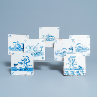 Seven Dutch Delft blue and white tiles with seacreatures, 17th C.