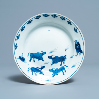 A Chinese blue and white ko-sometsuke 'oxen' plate for the Japanese market, Tianqi