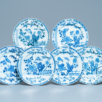 Zes Chinese blauw-witte schotels, Yongzheng/Qianlong