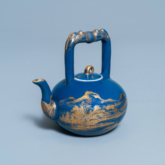 A Chinese gilt-decorated blue-ground teapot and cover, Qianlong mark and of the period