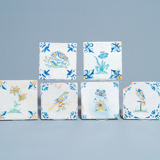 Six polychrome Dutch Delft tiles with birds, insects and flowers, 17th C.