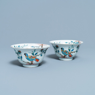 A pair of Chinese Dutch-decorated 'parrot' bowls, Kangxi