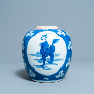 A Chinese blue and white 'qilin' jar, Kangxi