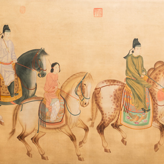 Chinese school, ink and colour on silk, 19/20th C.: 'Three horseriders'