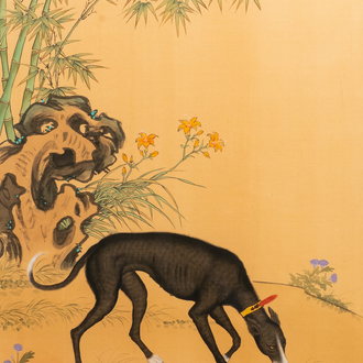 Ecole chinoise, d'après Lang Shining, encre et couleurs sur soie, 19/20ème: 'Portrait d'un chien'