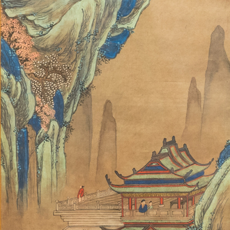 D'après Qiu Ying (1494 - 1552), encre et couleurs sur papier: 'Paysage montagneux', 19/20ème