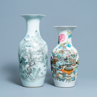 A Chinese qianjiang cai landscape vase and one with antiquities, 19/20th C.