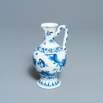 A Chinese blue and white ewer with a scholar being served tea by his servant, Transitional period