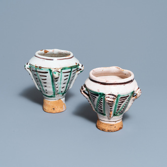 A pair of polychrome Spanish pottery mortars, 16/17th C.