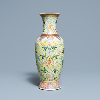 A Chinese famille rose lime green-ground vase, Qianlong mark, Republic