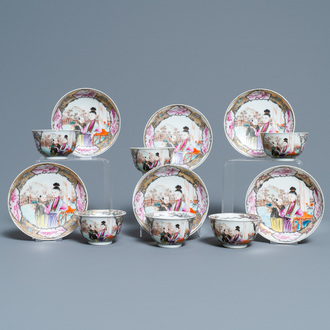 Six tasses et soucoupes en porcelaine de Chine famille rose à décor mandarin, Qianlong