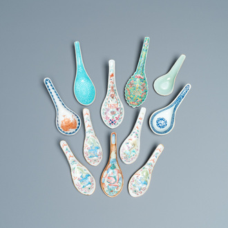 Eleven Chinese famille rose, blue and white and monochrome spoons, 19/20th C.