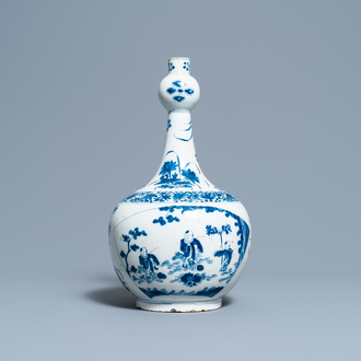 A Dutch Delft blue and white chinoiserie bottle vase in transitional style, ca. 1700