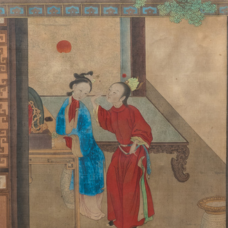 Chinese school, ink and color on silk: 'The making up of lady', 18th C.