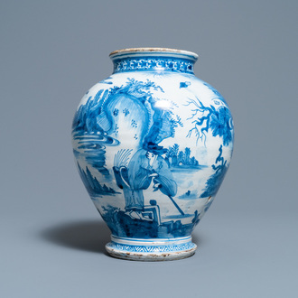 Een vroege blauw-witte Delftse chinoiserie pot, Engeland of Nederland, 3e kwart 17e eeuw