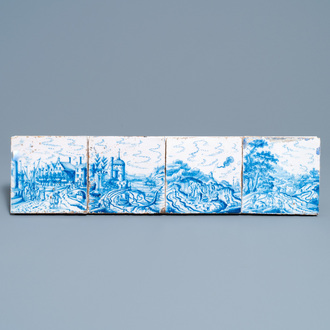 Quatre carreaux aux paysages ouverts en faïence de Delft en bleu et blanc, 18ème