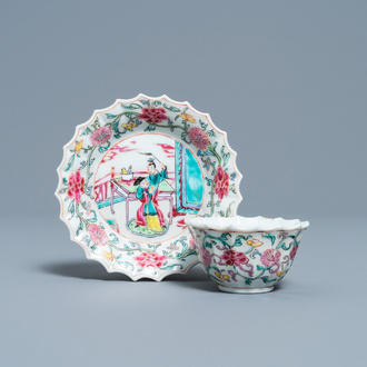 A lobed Chinese famille rose cup and saucer, Yongzheng