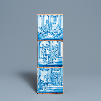 Drie blauw-witte Delftse tegels met bijbelse voorstellingen, 18e eeuw