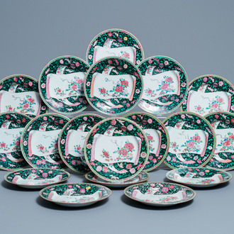 Eighteen Chinese famille rose plates with floral sprigs on scrolls, Yongzheng