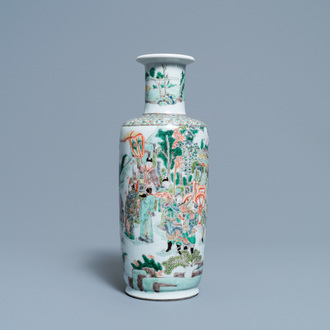 A rare Chinese famille verte 'Feng shen bang' rouleau vase, Kangxi