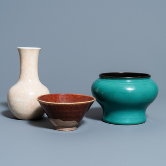 A Chinese crackle-glazed vase, a turquoise-glazed vase and a brown-glazed bowl, Qing