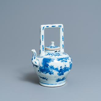 A large Chinese blue and white 'scholars' wine ewer and cover, Transitional period