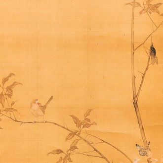 Sun Jia Shou (20ème), encre et couleurs sur soie: 'Branches fleuries aux oiseaux et insectes', daté 1936