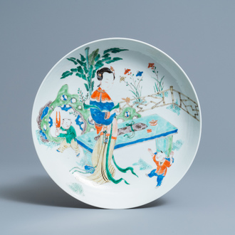 A Chinese famille verte 'lady and boys' dish, Kangxi