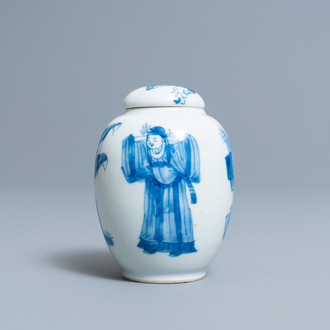 Een Chinese blauw-witte theebus met deksel, Kangxi