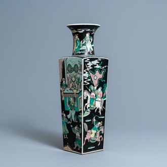 A Chinese square famille noire vase with figurative panels, Kangxi mark, 19th C.